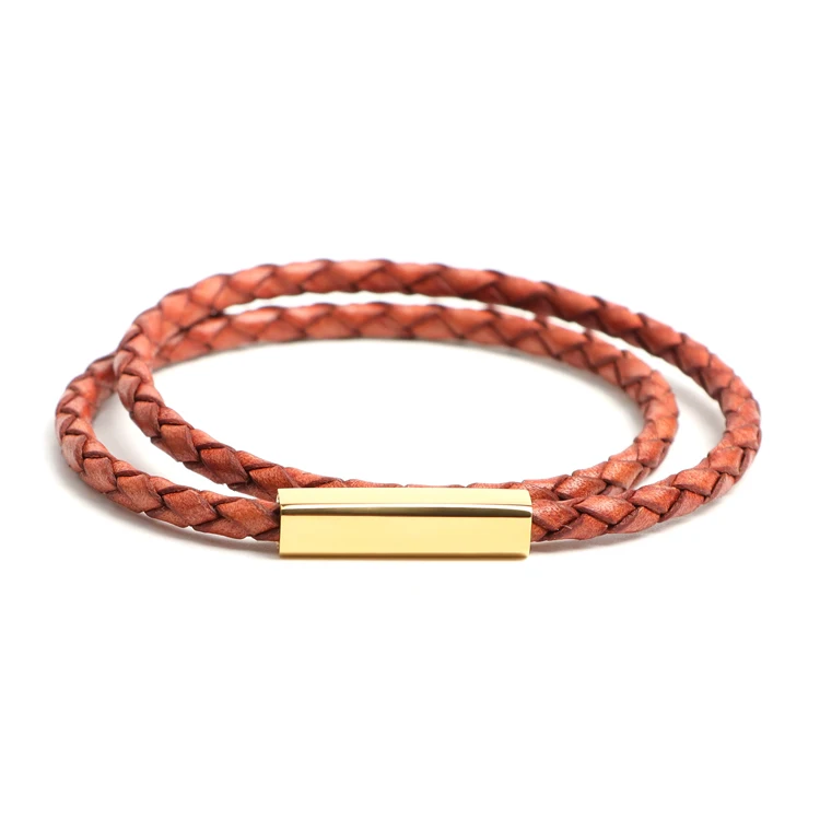 Custom Engraved Letters Logo Words Magnetic Buckle Real Leather Bracelet Women Hand Jewelry Vintage Leather Handmade Bracelet