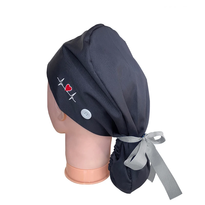 Best Quality Solid Color Satin Embroidered Hat For Long Short Hair Vets Nurse Doctor Surgical Scrub Caps With Bow Tie
