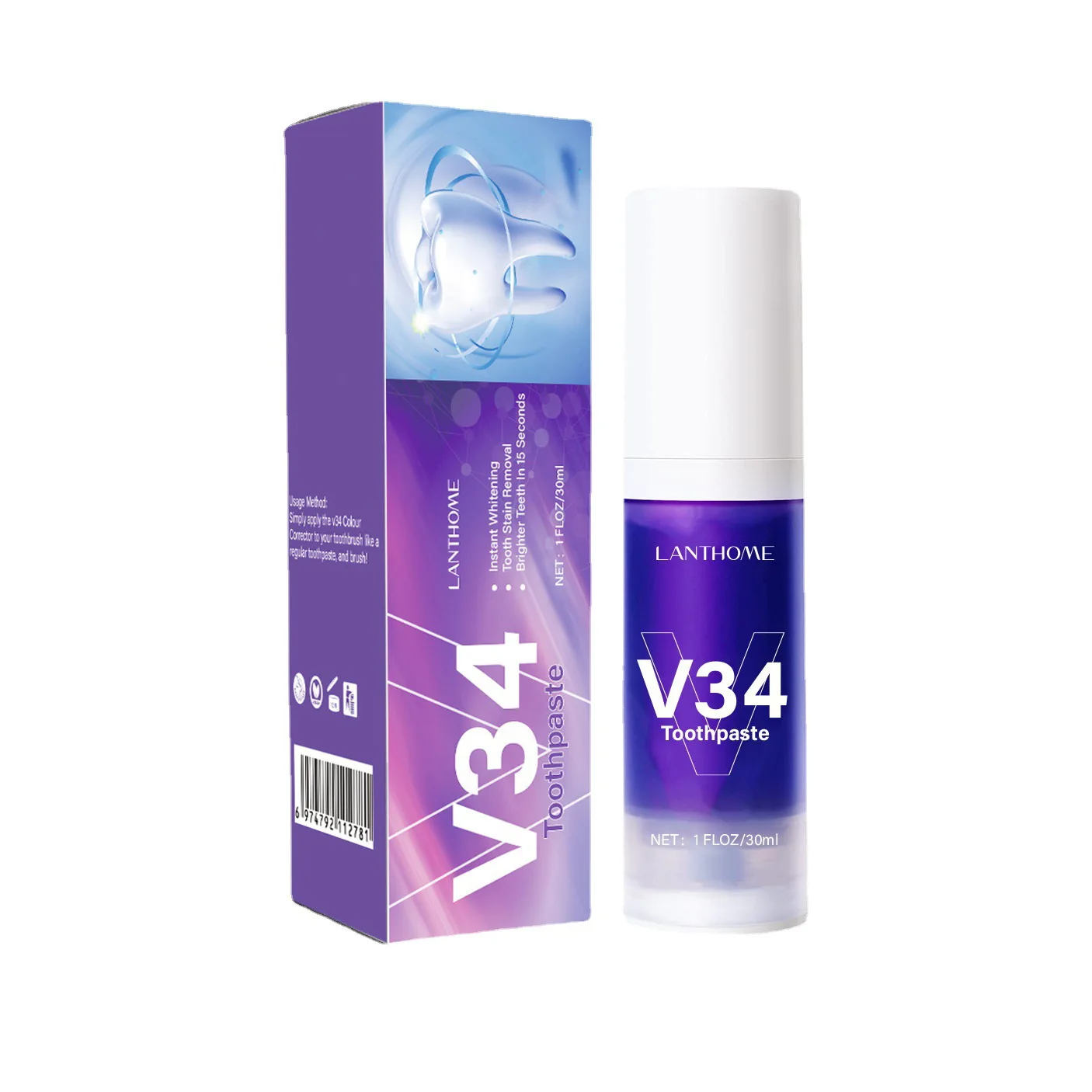 OEM V34 Purple Colour Corrector Tooth Stain Removal for Teeth Whitening Toothpaste Clean Mouth Remove Tartar Yellow Stains