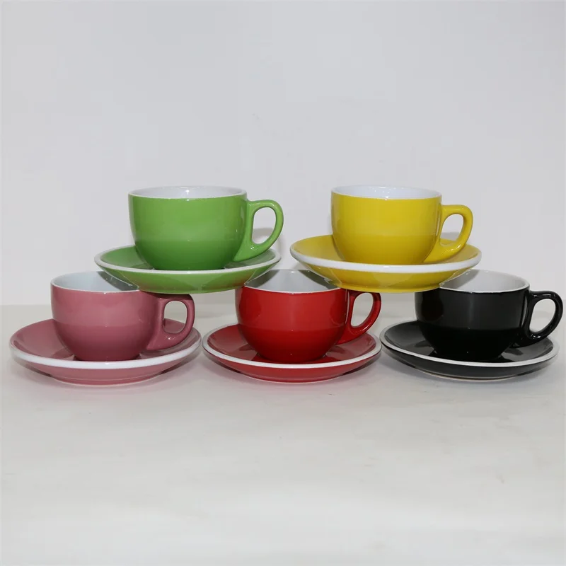 Wholesale Custom assorted colors hand made cup cappuccino simple ceramic tea cup and saucer coffee cup with saucer set