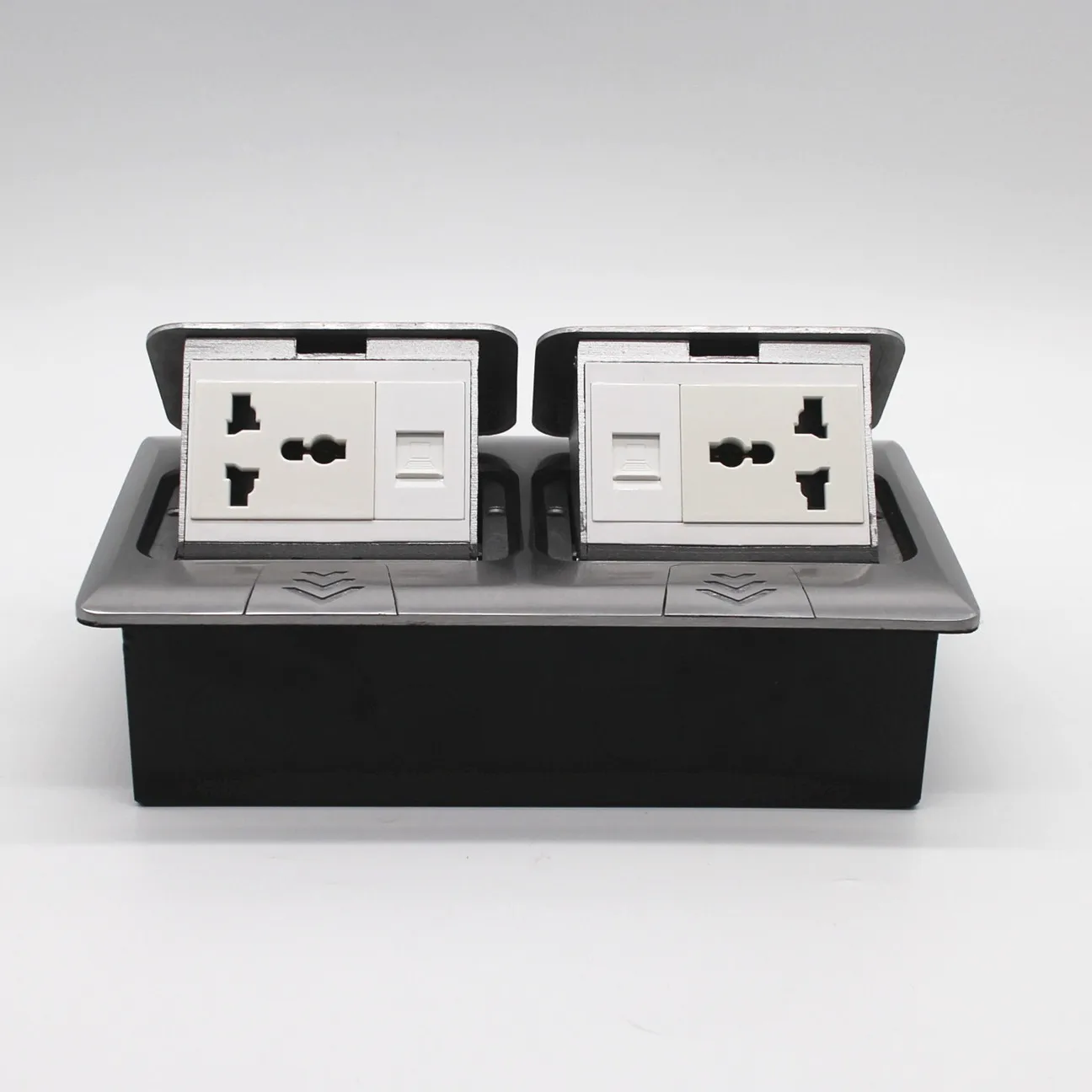 Aluminum alloy pop-up floor box with 2 gang universal socket