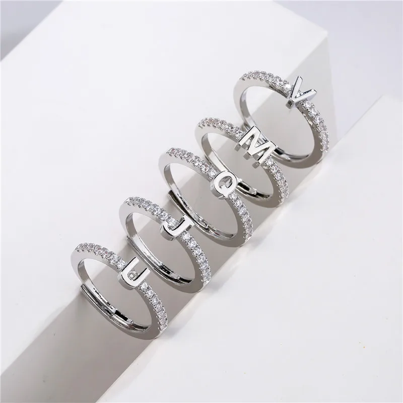 Women gold ring A-Z initial letter ring adjustable with zircon