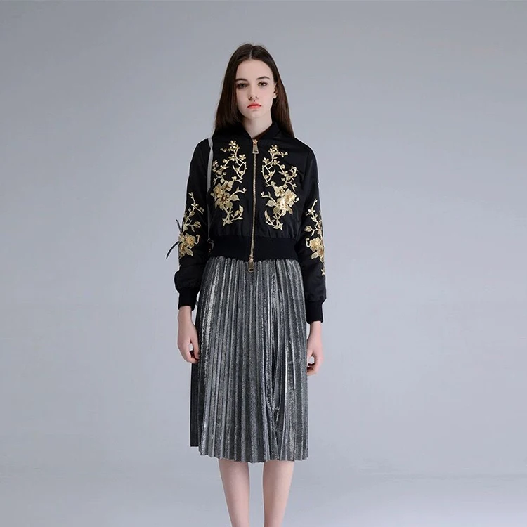 Custom Black Satin Bomber Jacket Women Winter Golden Embroidered Jacket Wholesale