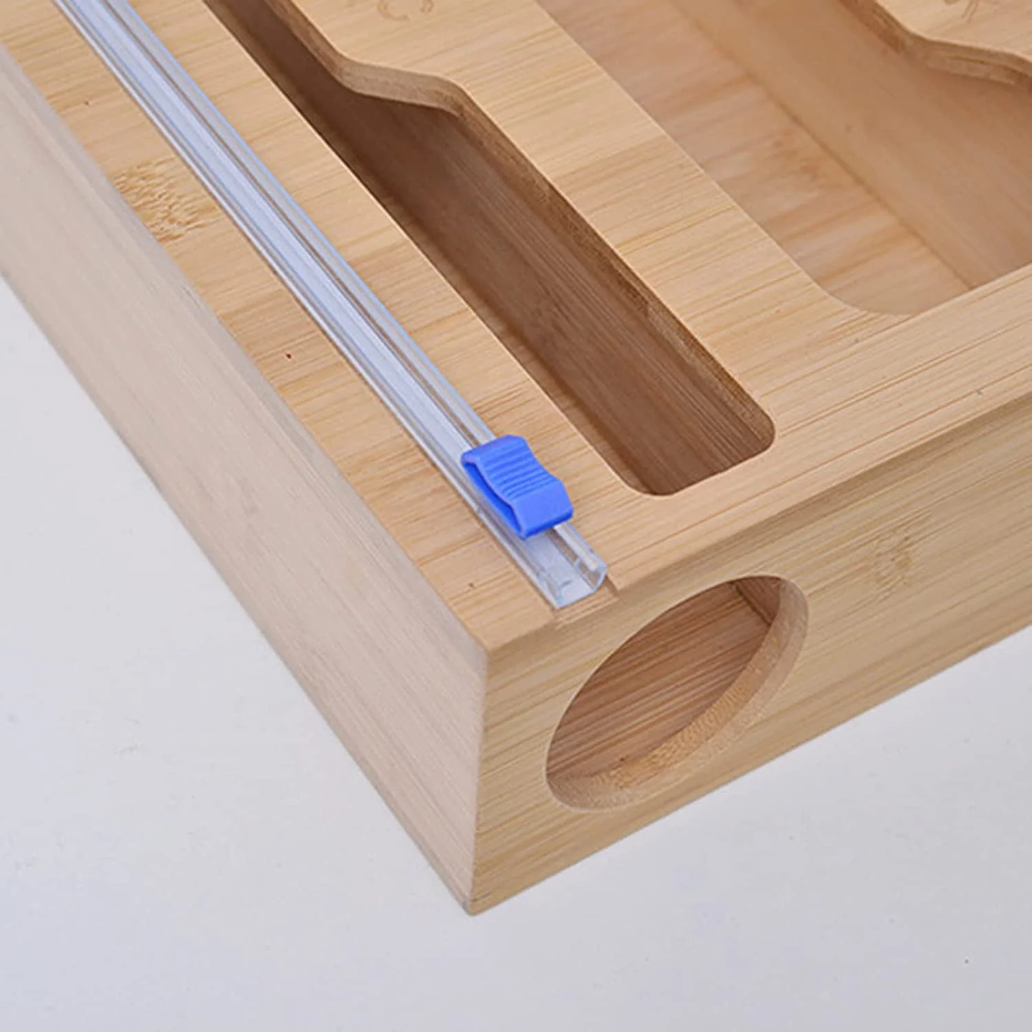 Wall Bamboo Food Ziplock Bag and Plastic Wrap Foil Storage Organizer and Dispenser for Kitchen Drawer