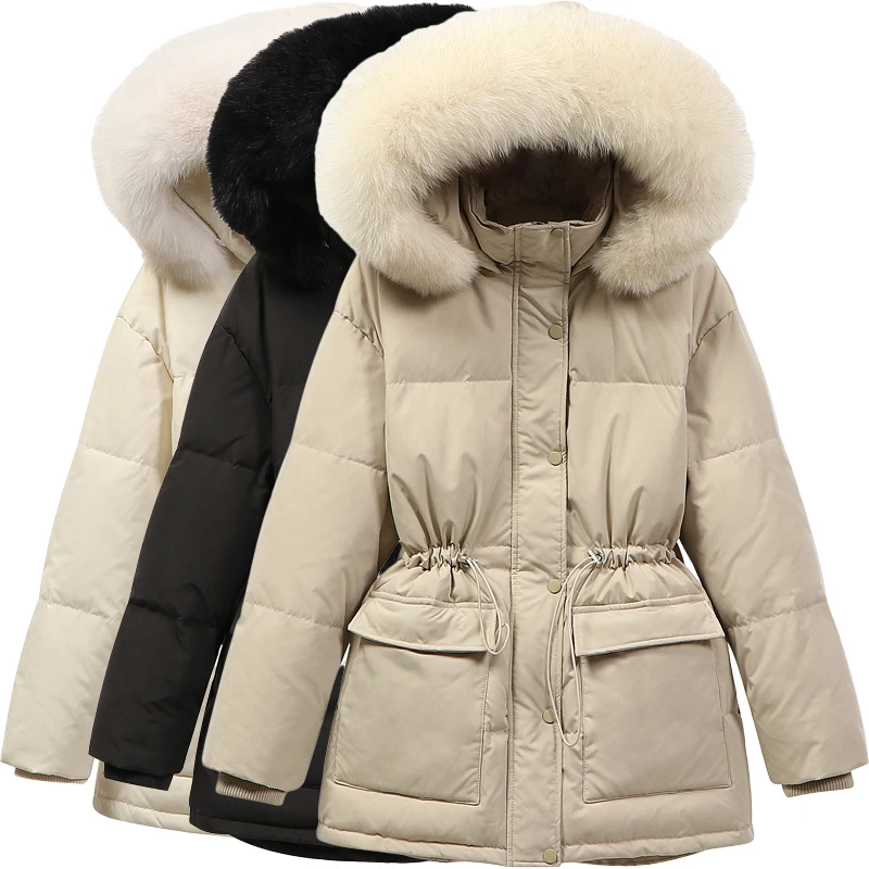 2022 New Big Fur Collar Down Jacket Ladies Short Waist Duck  Winter Down Jacket