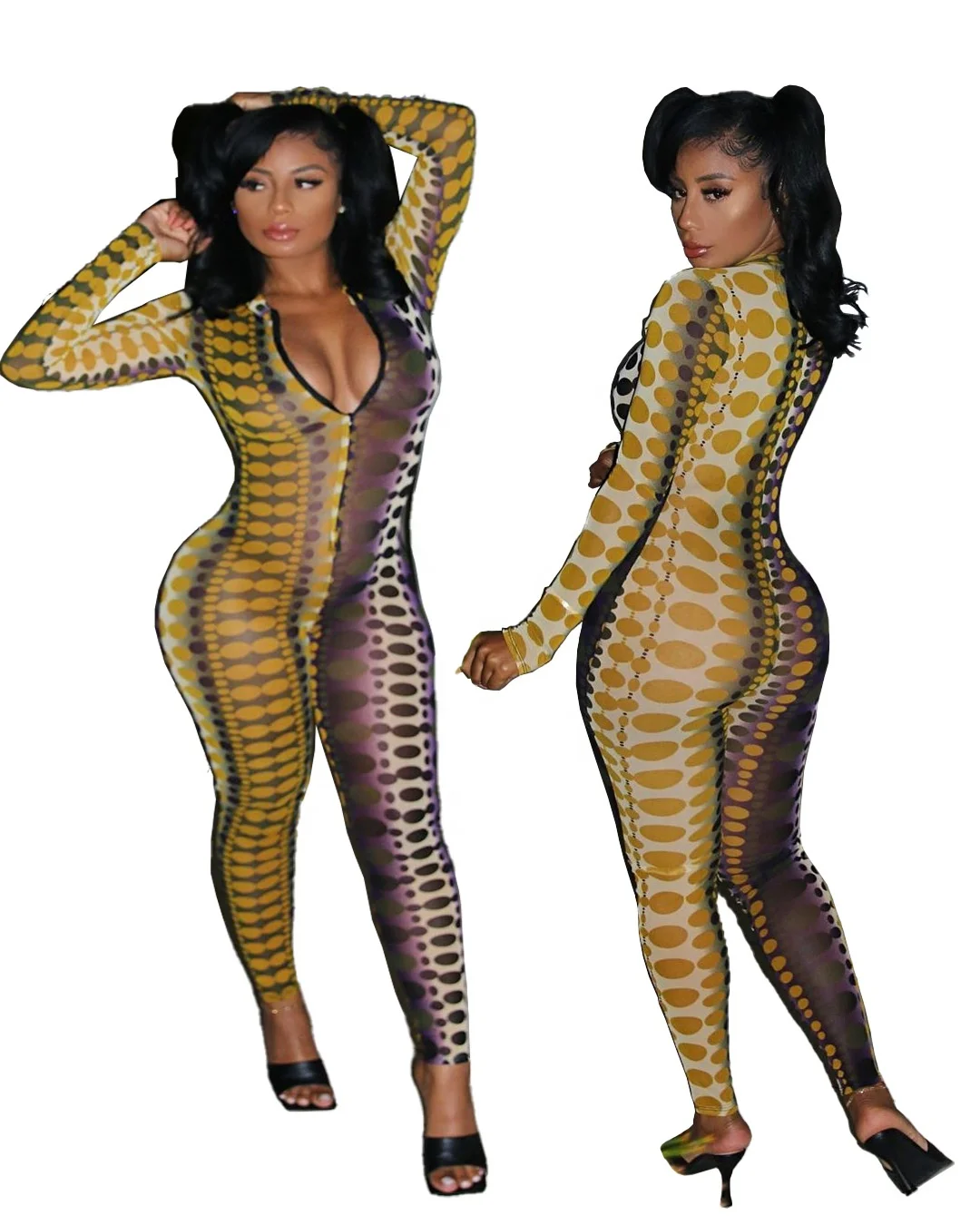 
KX-A0969 New stylish jumpsuits playsuits bodysuits cool street sexy dot snake print zipper long sleeve pants jumpsuit for women 