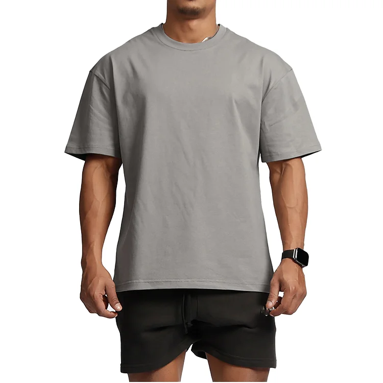 Cotton O-Neck T-Shirt Men Brand Blank Loose Fit Little Drop Shoulder Solid Pattern Casual Style Jersey Fabric 240 Grams Weight