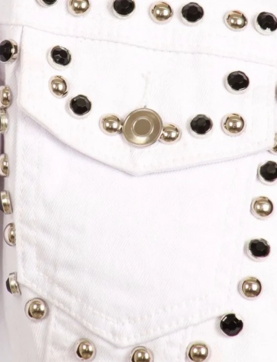 White coat bubble puffy sleeve crop jacket ladies bead rivet fall denim jackets women