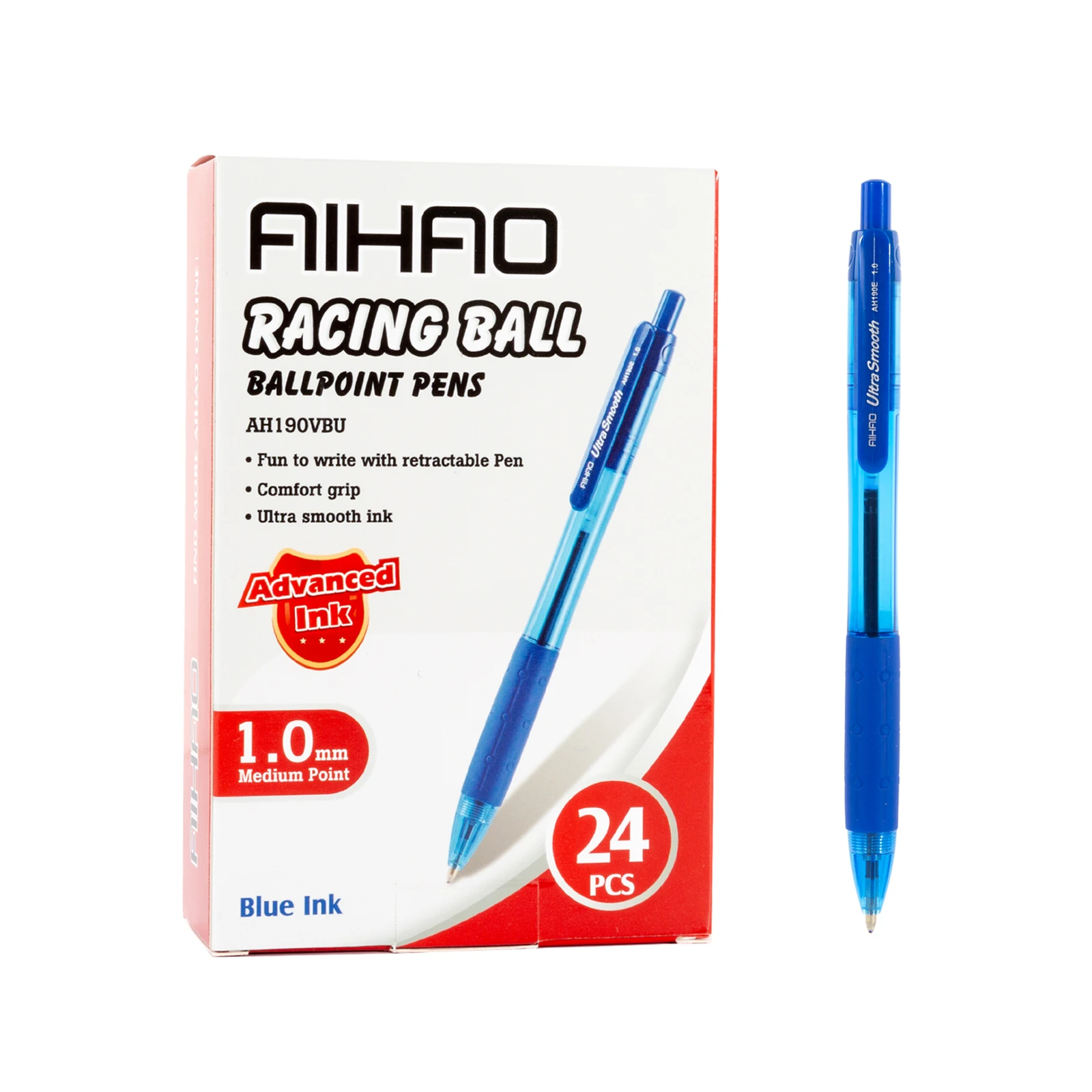  Aihao Plastic Comfort Grip 1.0mm Medium Retractable Blue Ballpoint Pen