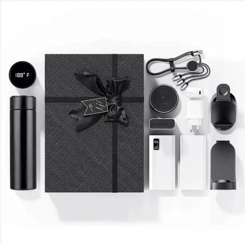 Custom Promo Business Led Water Cup Mug Charging Cable Speaker Gift Set Box Charge Employee Charging Stand Dock Gift Set