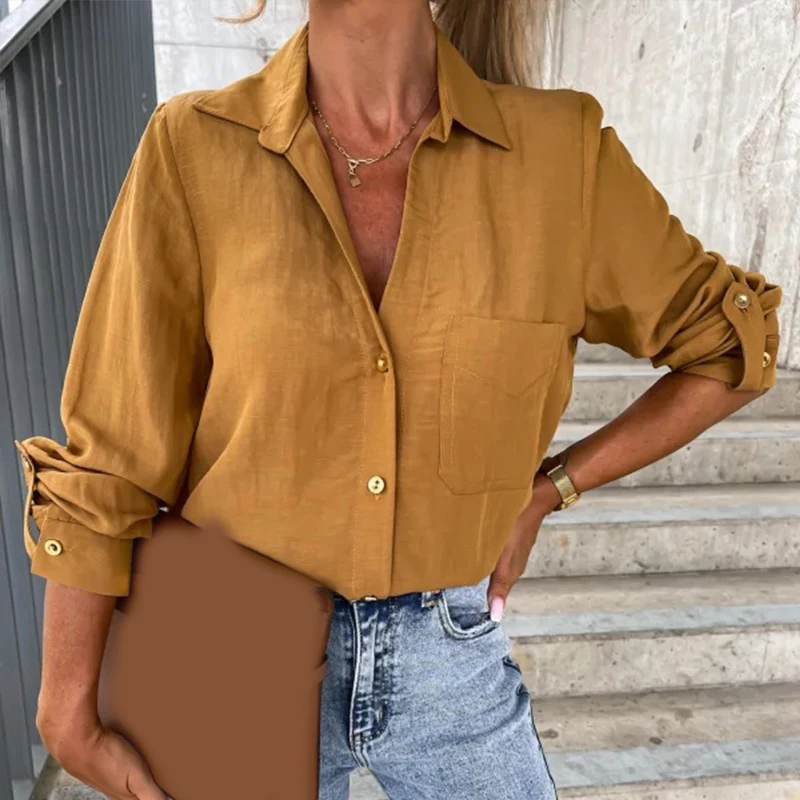2025 Spring Casual Long Sleeve Loose Fit Button Up Collared Shirts Women