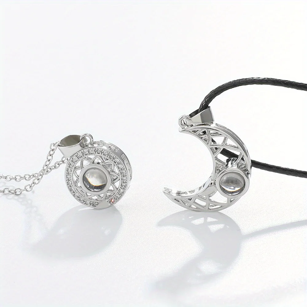 Sun Moon Couples Projection Necklace Fashion Magnetic Pendant Chain Necklace 100 Languages I Love You Stitching Necklace