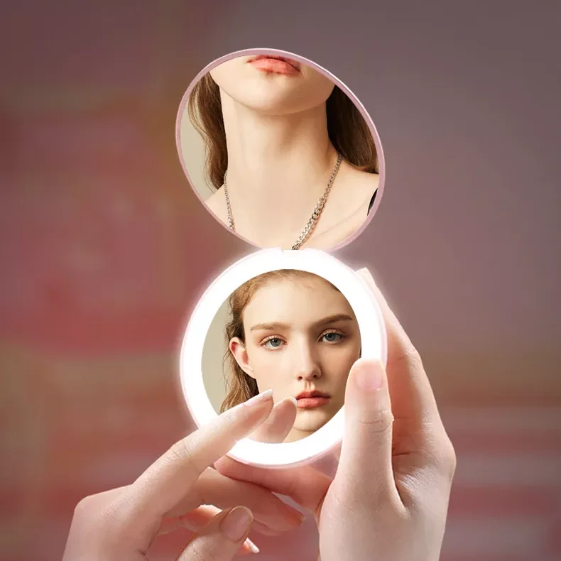 Top Sale Custom Logo Pocket 1X 2X White Pink Round Mini Led Mirror For Girls Travel Makeup Mirror