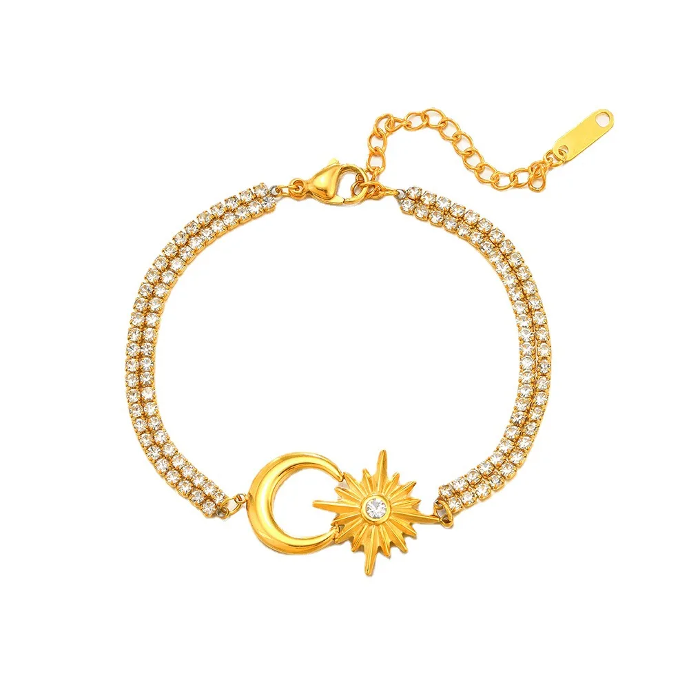 Crescent Moon Star Sparkling Crystal Chain Bracelet for Women Stainless Steel Dainty High Quality Bangle Jewelry(BL141)