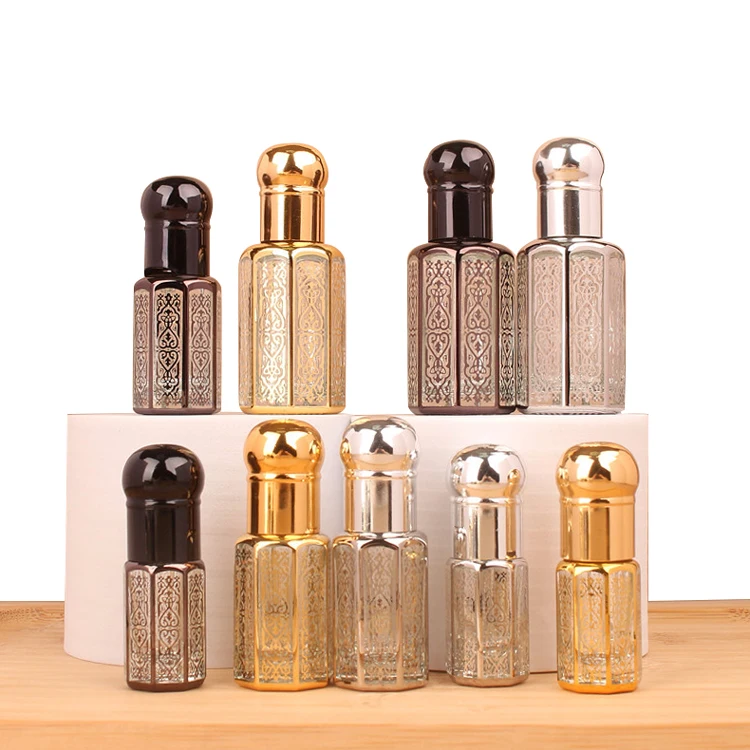 Glass Aroma Essence Oil Bottles Fancy Design 6ml 12ml Mini Small Refillable Glass Perfume Roller Glass Serum Oud Attar Bottle