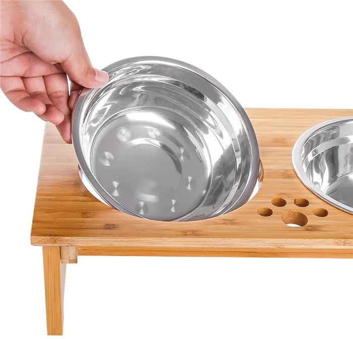 Raised Pet Bowls for Cats and Dogs, Bamboo Elevated Dog Cat Food Bowls Stand Feeder with 2 Stainless Steel Bowls