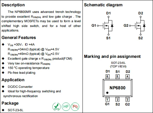 Оригинальные электронные детали мощность mosfet Dual N Channel 30V Mosfet транзисторы NP6800MR SOT23-6L