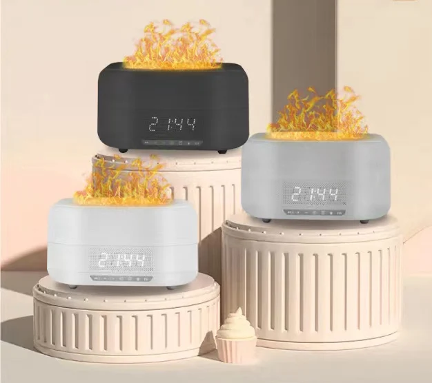 400ML Simulation Flame Aromatherapy Machine Time Alarm Clock Wireless Speaker Humidifier Large Capacity