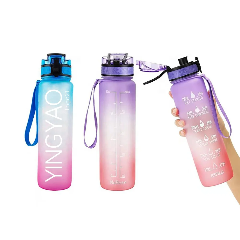 Custom Plastic Straw Strainer Filter Gym Sports 500ml 1L 32 oz 32oz BPA Free Tritan Motivational Water Bottle With Time Marker