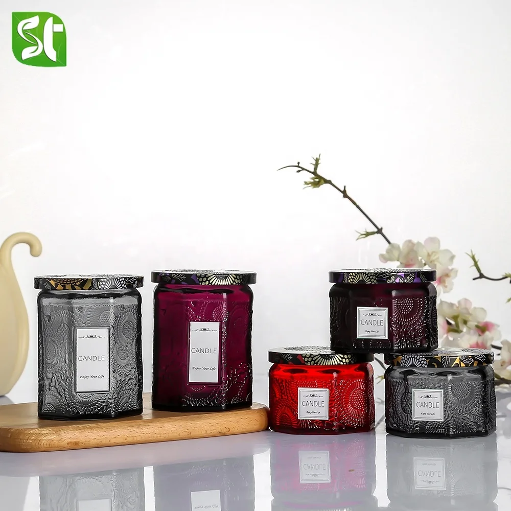 4oz 120ml 8oz 250ml octagon empty 2021floral embossed amber white purple clear gray red luxury candle glass jars
