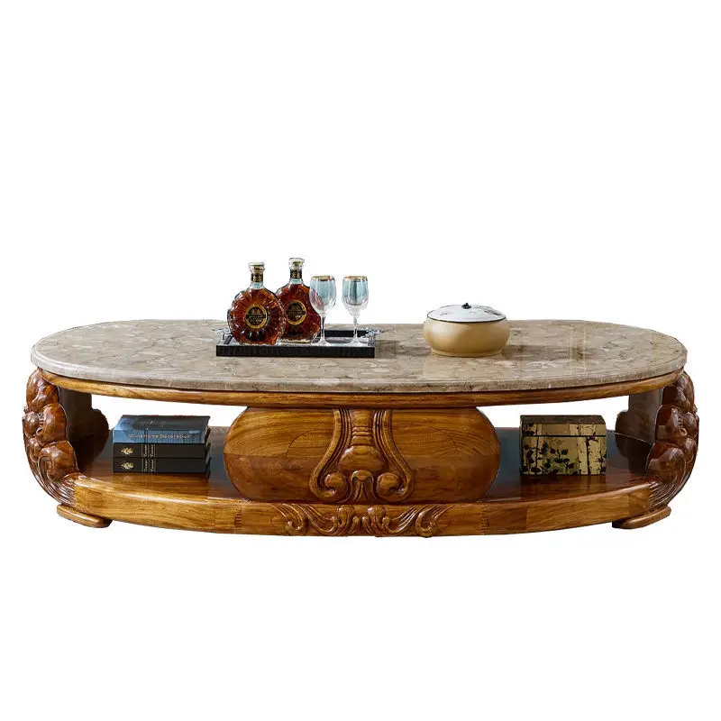 European-style wood coffee table TV cabinet natural marble solid wood carved tea table villa luxury furniture