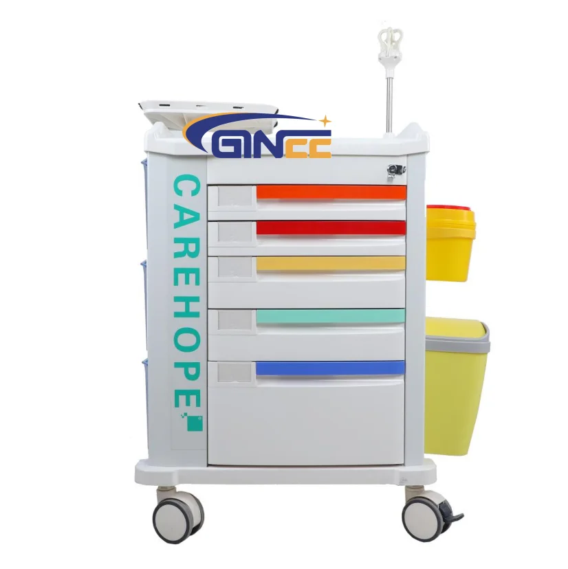 Ginee Medical hospital clinic furniture plastic 5 drawers pediatric emergency crash cart manufacturer