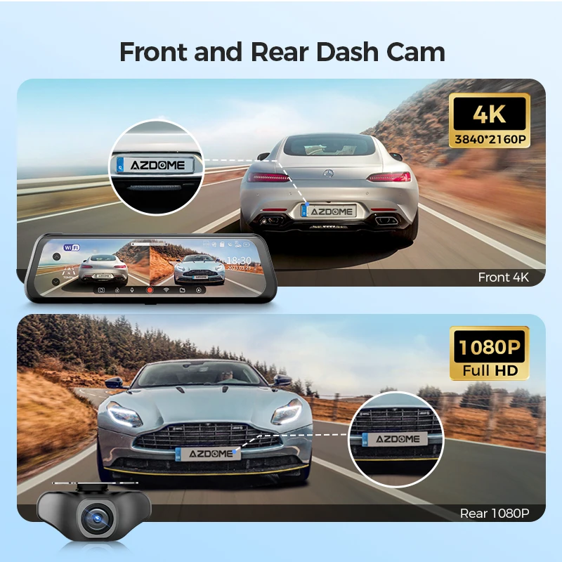 AZDOME AR09 4K 9.66 inch Touch Screen GPS WiFi Car Camera DVR Driving Camera Dash Cam Recorder Mirror Camera Car Black Box