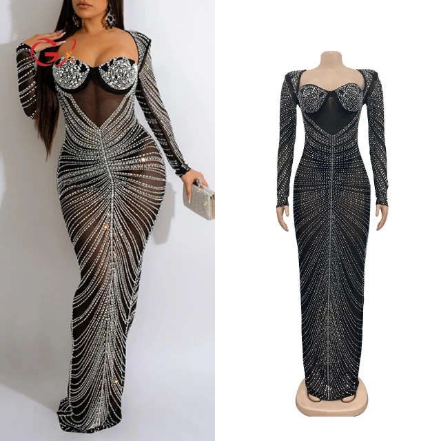 GX6023 Fashion elegant long sleeve party mesh evening floor-length dress backless rhinestone night club maxi dresses