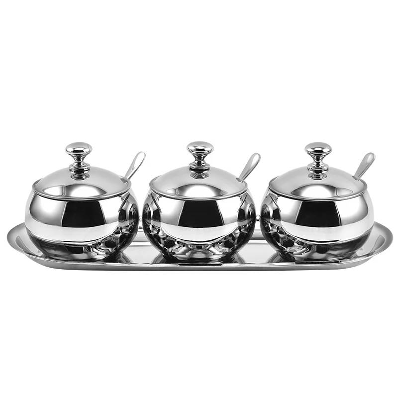 Cafe Restaurant Stainless Steel Kitchen Seasoning Pot 3 Pack Set Mirror Polish Metal Pepper Sugar Salt Bowls Canisters