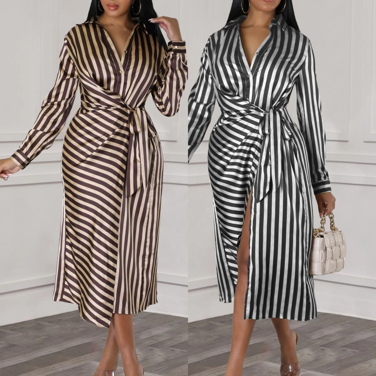 D3277 Trendy Elegant Shirt Dresses Turn-down Collar Loose Stripe Long Sleeve Ladies Office Dresses Women Casual Africa Dress