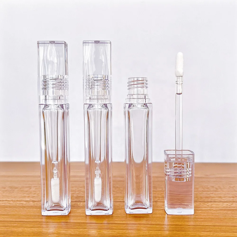 JIEMEI Stock Unique Square 6.5ML PETG Empty Plastic Lip Gloss Tube Transparent Clear Lipgloss Bottle With Silicone Flat Brush