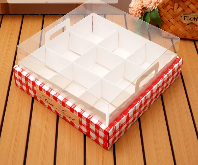 IMEE 6 Pieces 9 Compartment Sweet Mini Cake Cookie Snack Afternoon Tea White Red Square Clear Top Folded Box for Picnic