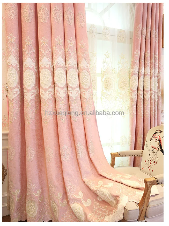 W-049 BDZN Ready-made Luxury European Style Pink Blue Chenille Blackout Embroidered Floral Valance Curtain for the Living Room