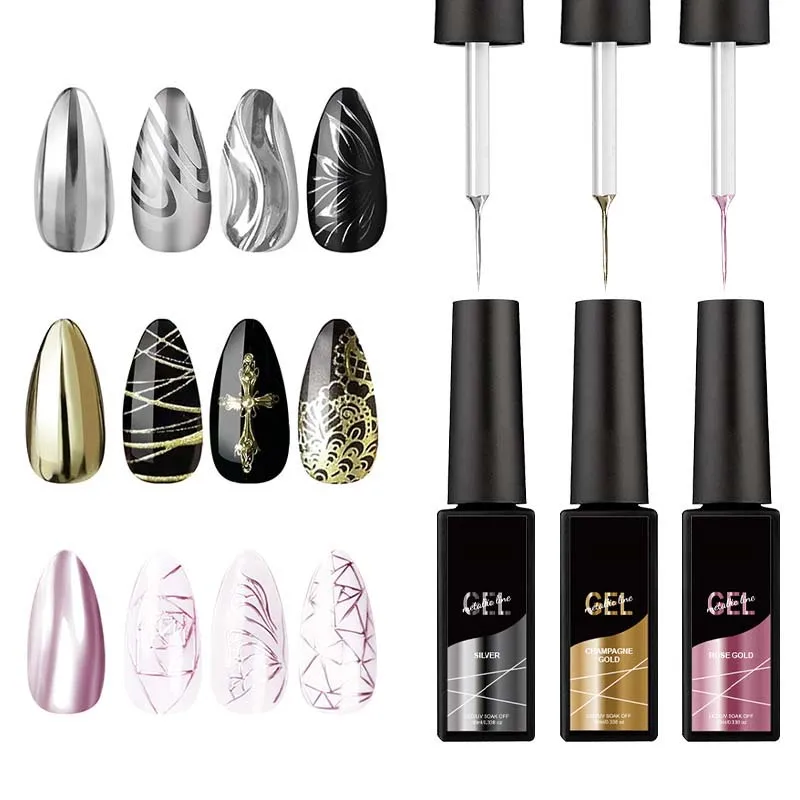 Mirror Chrome 3D Effect 10ml Metal Painted Drawing Gel Polish Nail Art Silver Metallic Gel Liner