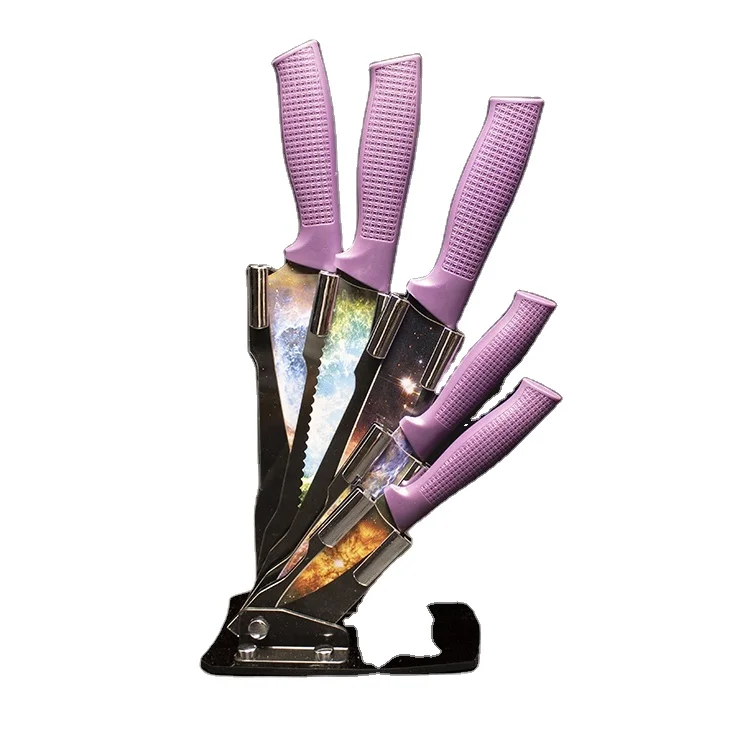 
New Arrival Purple Handle Star Flower 5 Knives With Ceramic Peeler Kitchen Knife Set 