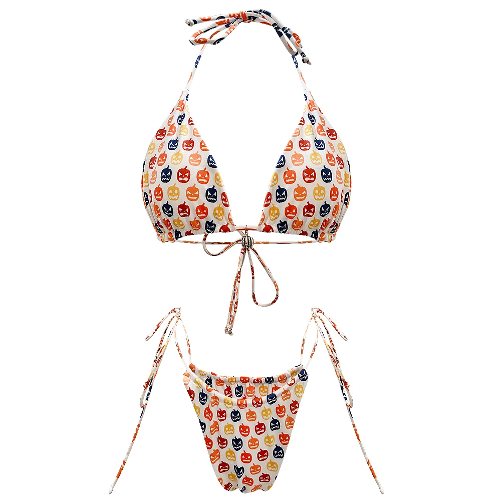 Sell Well Printed Halloween Pumpkin Orange Trending Lovely swimwear swimsuits 2 Pieces triangle halter lace up Bikini Set