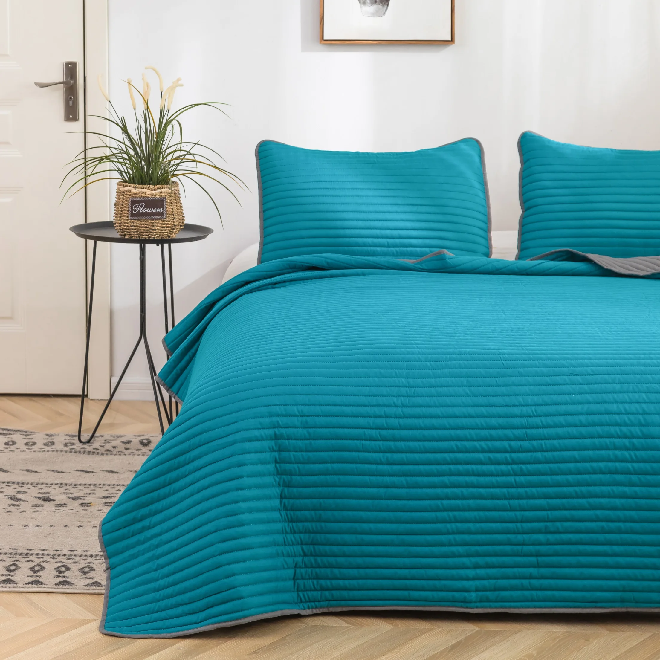 
MOHAP Good Quality Straight Line Ultrasonic Microfiber Quilt Set Dyed Bedspread Set 