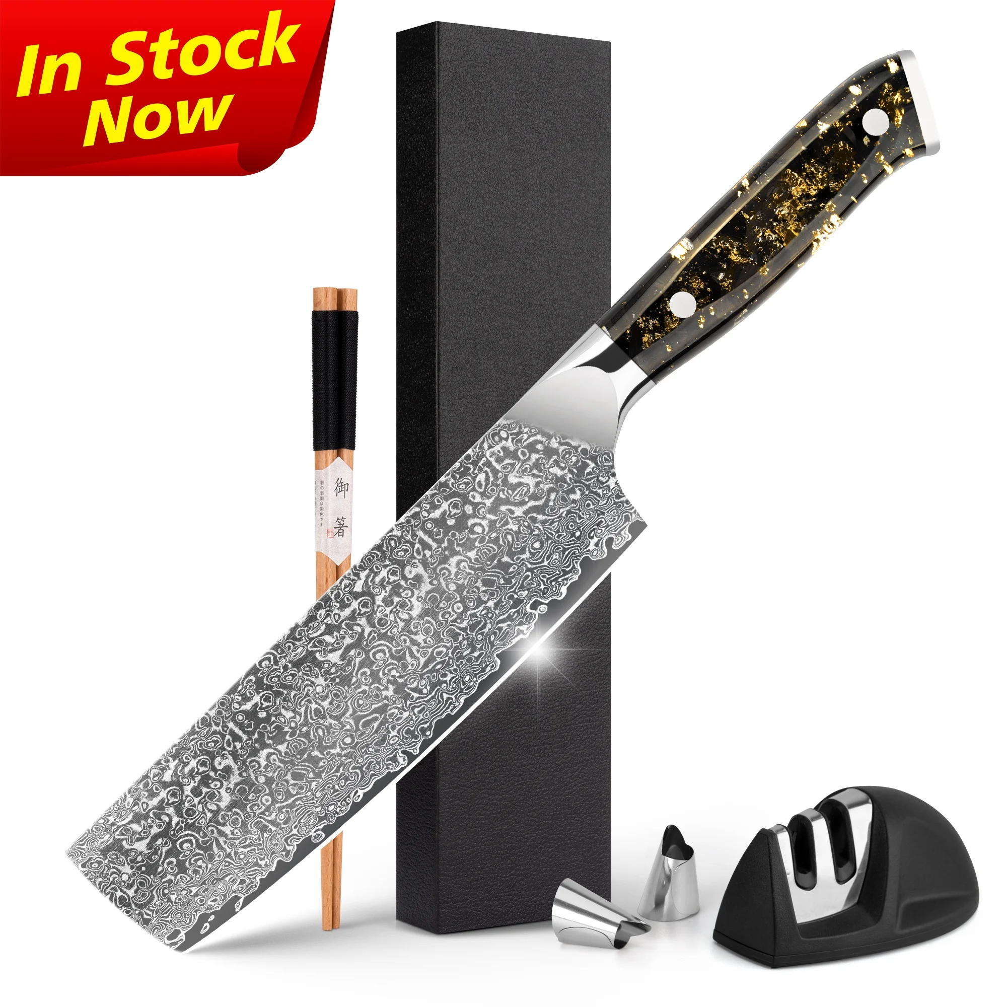 10% off Carbon Fiber Gold Powder Acrylic Handle 7 Inch 67 layers v gold 10 Damascus nakiri knife with free logo