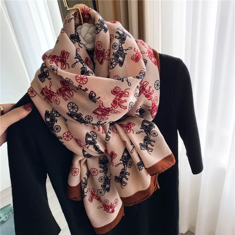 2022 Luxury Women Spring Fashion Horse Carriage Printed Designer Cotton Linen Shawl Scarves Hijab Long Scarf
