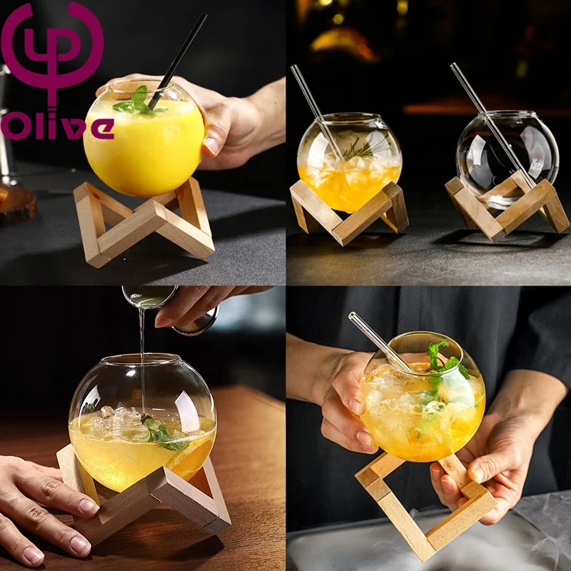 Custom Wedding Couple Bar Restaurant Hand Blown High Borosilicate Glass Wooden Stand Clear Round Orb Moon Verre Cocktail Glasses
