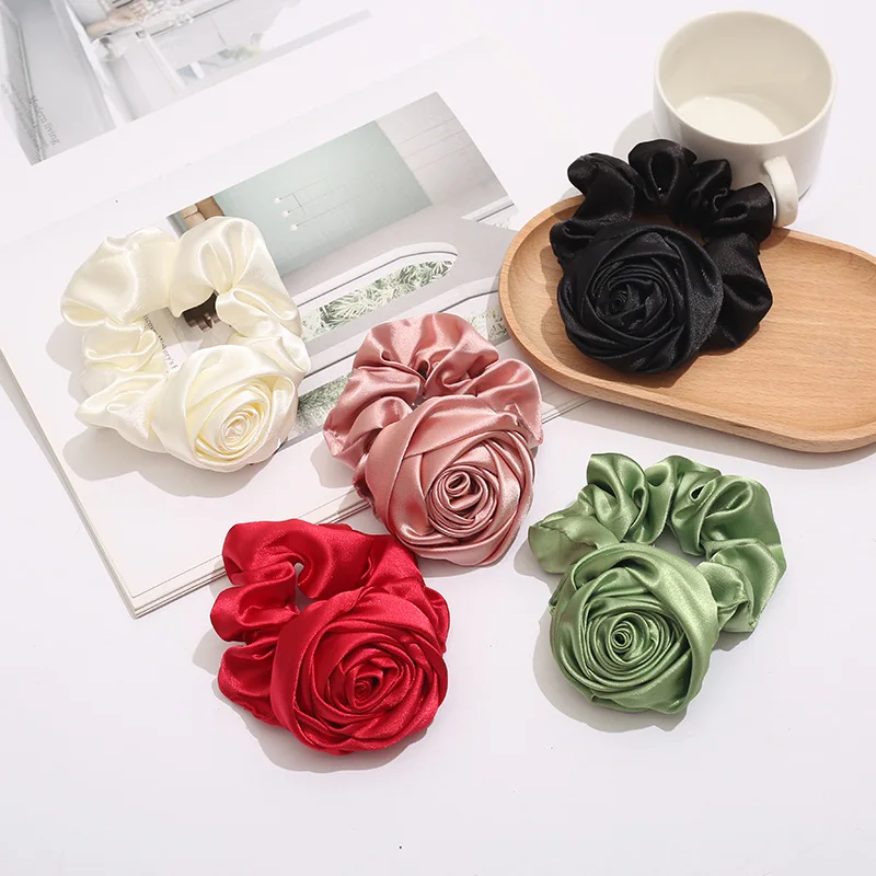 Colorful Handmade Rose Flower Satin Hair Ties Wreath Elastic Hair Ties Wedding Bridal Party Hairstyles Decoration