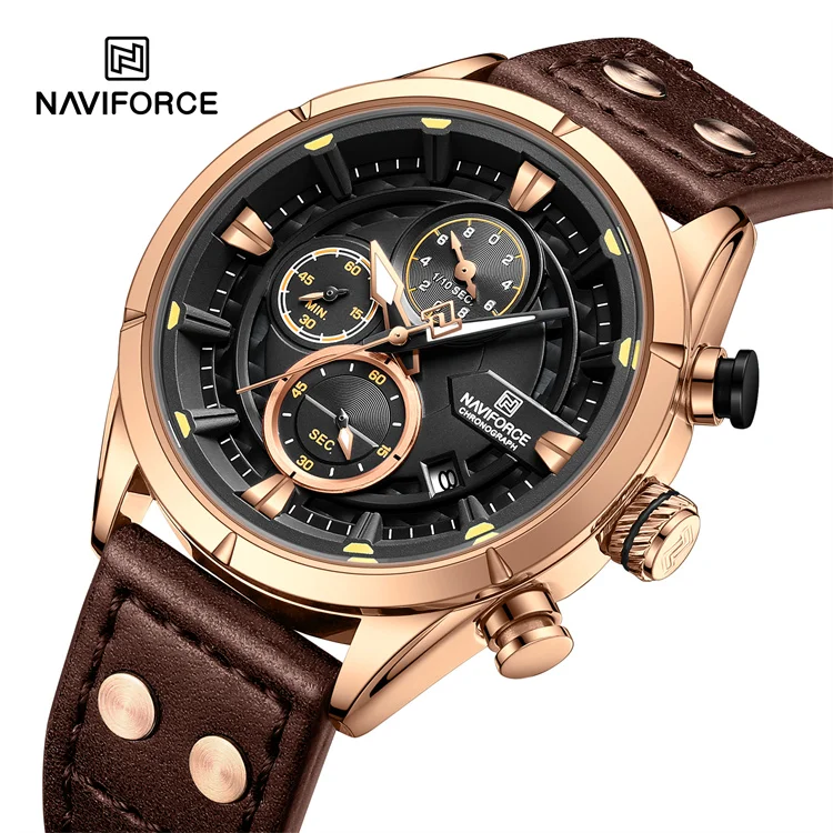 NAVIFORCE 8045 RGBDBN Fashion Big Dial leather mens watches Luxury Sport waterproof watch Chronograph Quartz wristwatch