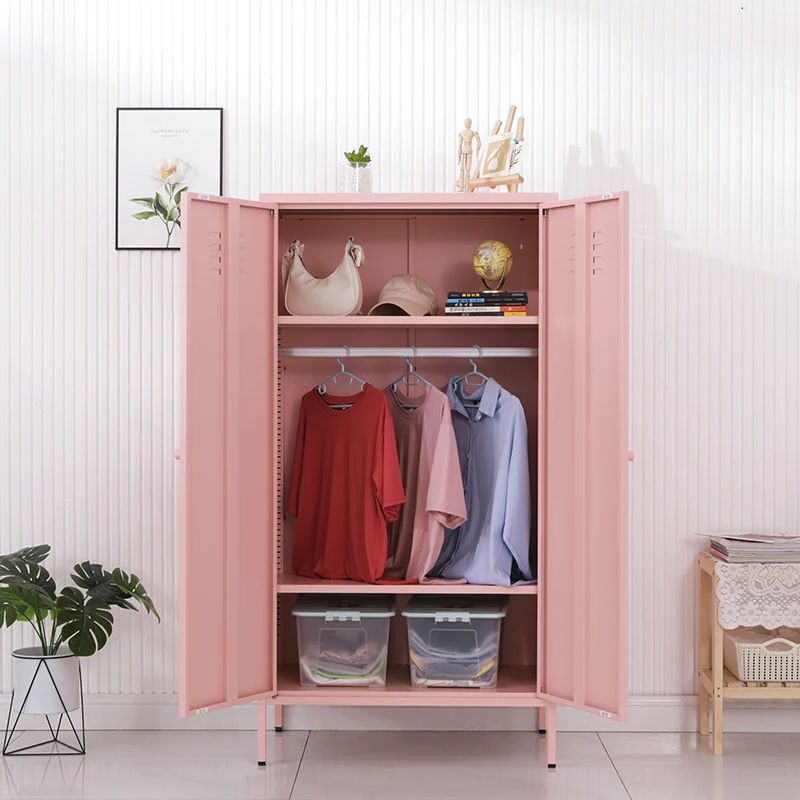 Fashion pink metal swing 2 door cupboard home furniture steel storage cabinet wardrobe for living room