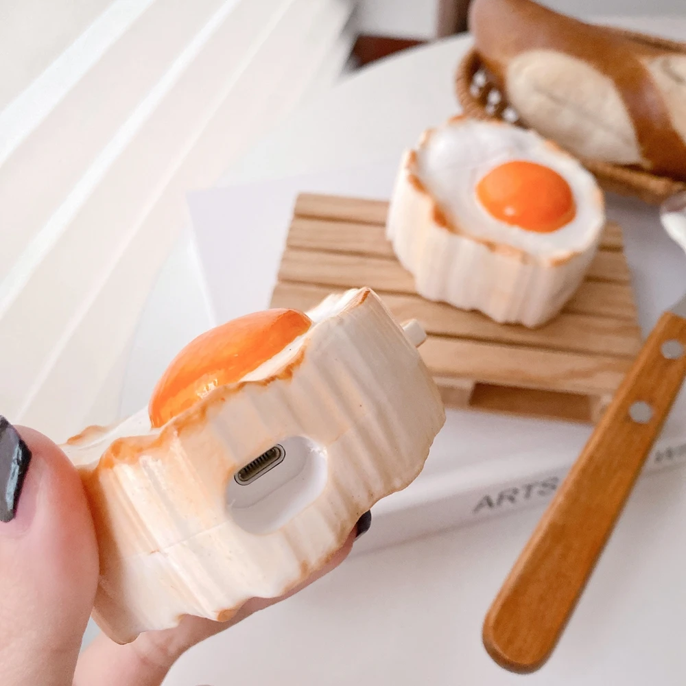  Hot Sale 3D Cartoon Fried Egg Design Earphone Case with Keychain for Airpods Pro Creative Cute Food Style Cover