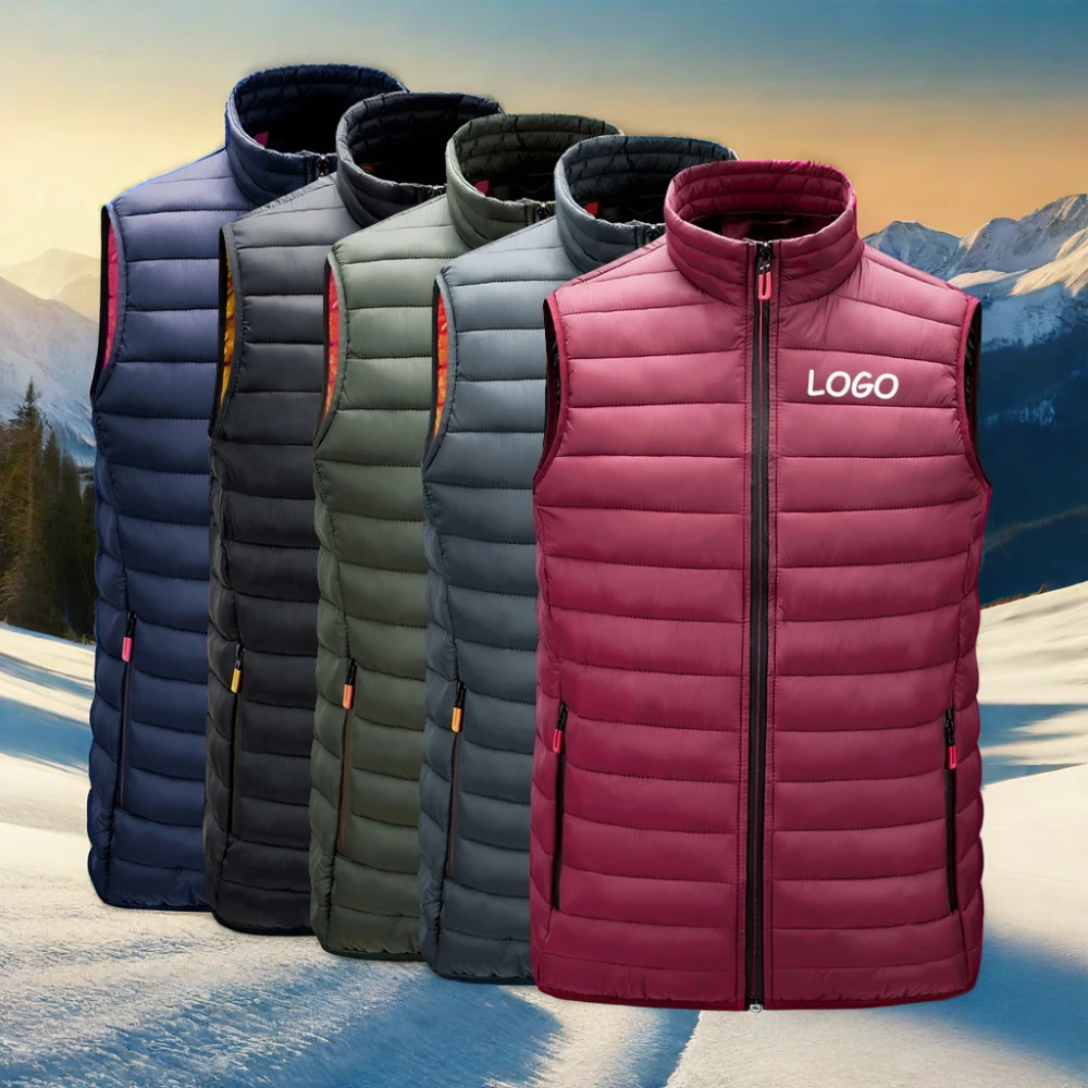 OEM Custom Logo Sleeveless Puffer Vest for Men High Quality Plus Size Waistcoats with Zip Pockets for Winter