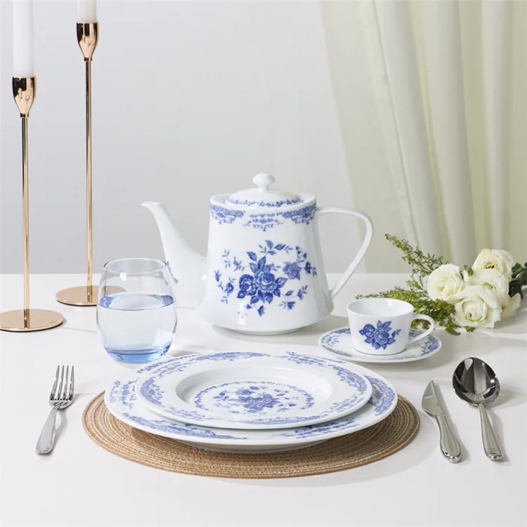 PITO Ceramic Antique Medieval Porcelain Tea Set Blue Decal Teapot Coffee Cup Chinese Ceramic Tea Set Afternoon Porcelain Tea Set