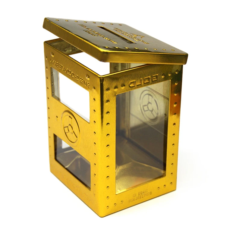 Beautiful Golden Big Rectangle Packaging Gift Tin Box Metal Money Saving Box PVC with Transparent Tinplate Gift & Craft CN;GUA