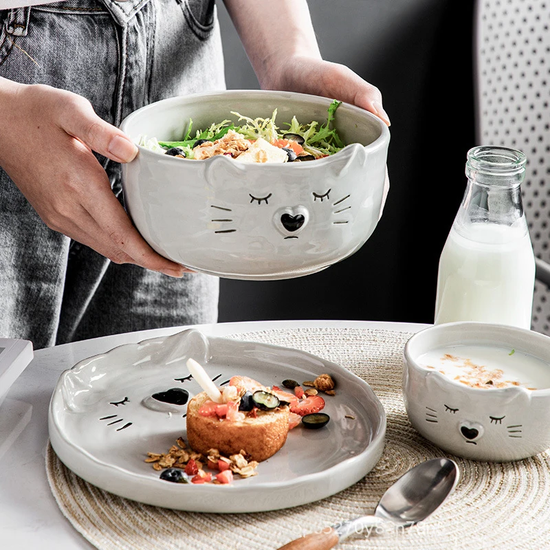 HCJ110 Korean cute dishes and kittens ceramic household tableware set Japanese creative cartoon ceramic dinnerware  set