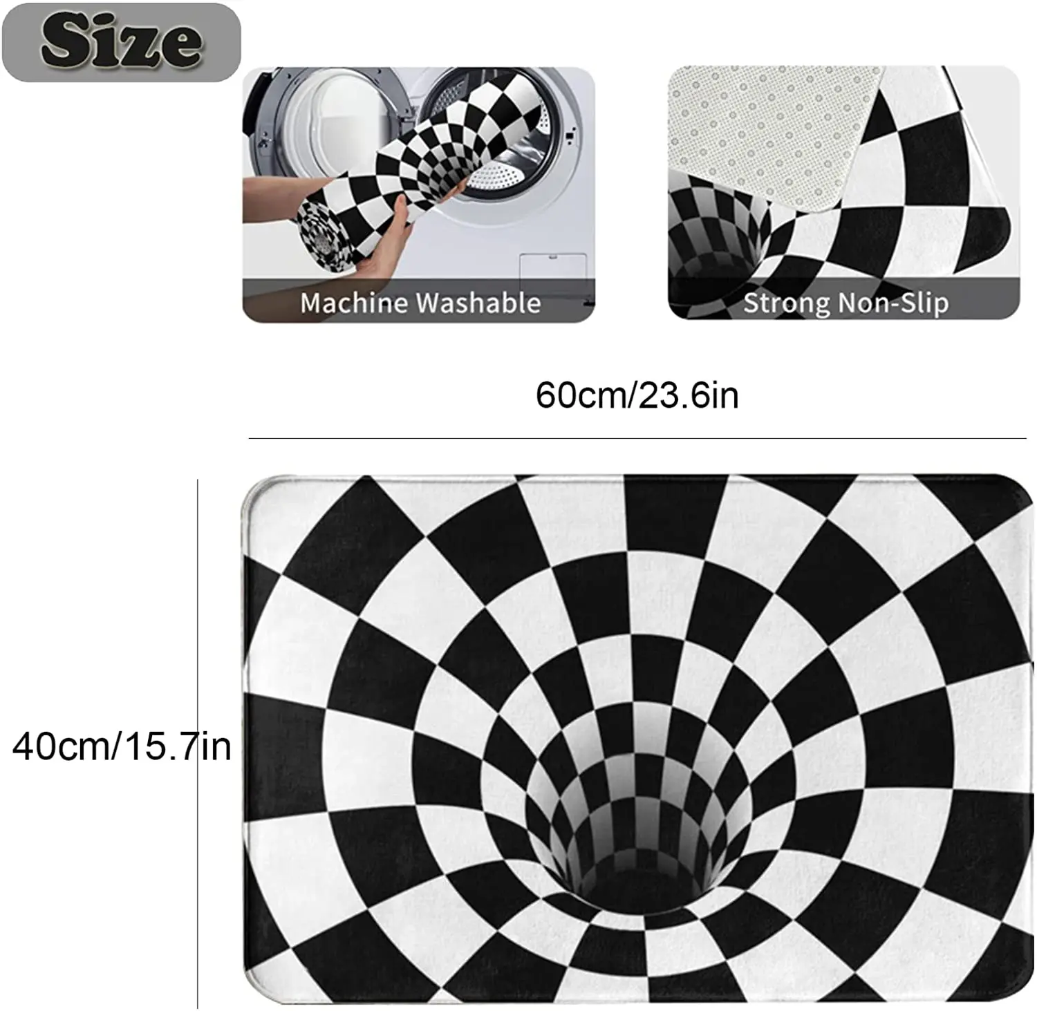 Optical Illusion Rug 3D Stereo Checkered Vortex Non-Slip Area Rug for Dining Room Carpet Home Bedroom Decor Floor Mat