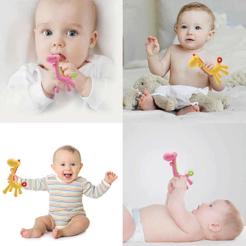 Yellow giraffe soft material small animal image easy to clean without BPA silicone toys baby toys teether